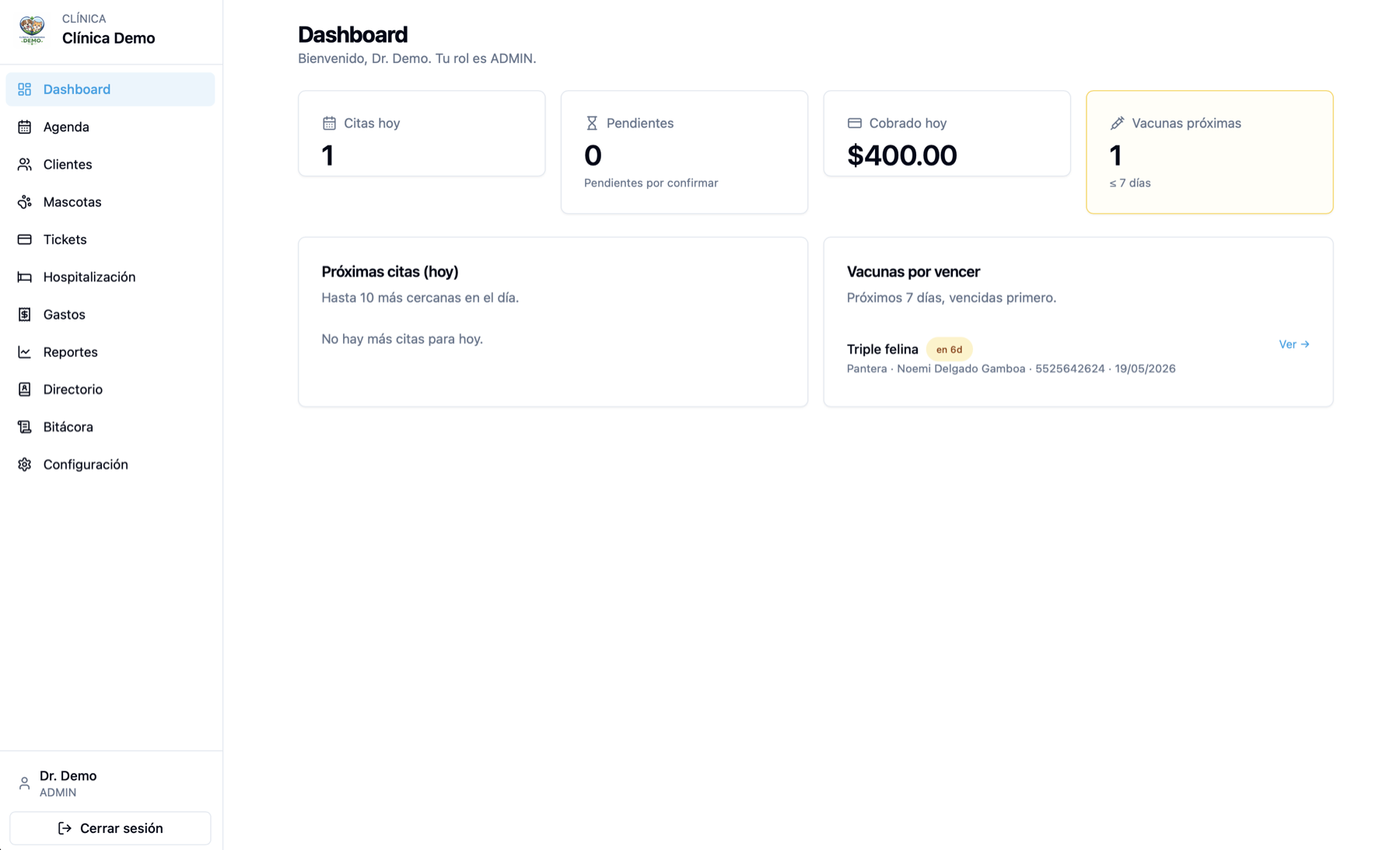 Dashboard de Prime One Vet mostrando citas, cobros y vacunas próximas